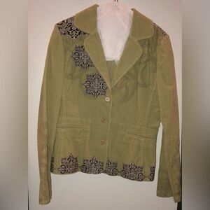 Johnny Was Celadon Green Blazer with Blue and Tan Embroidered Details